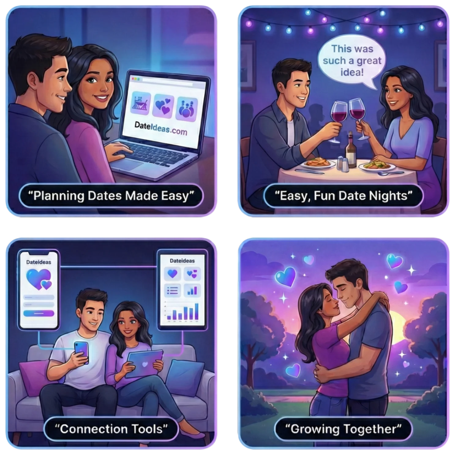Four illustrated scenes showing date planning made easy