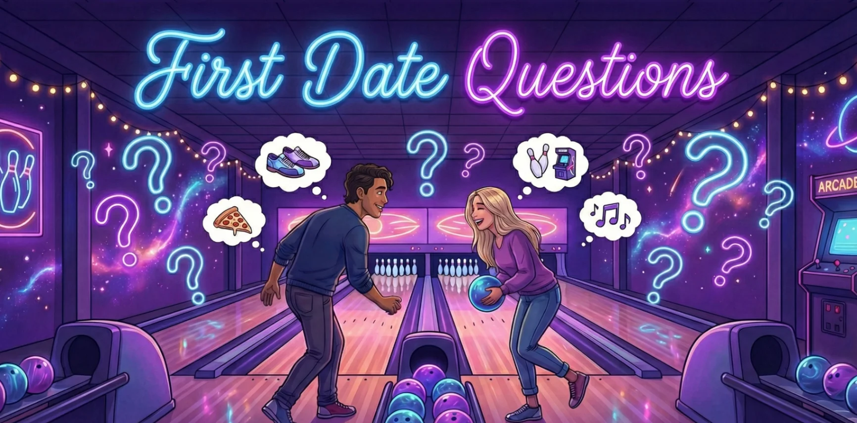 Couple bowling on a fun first date with question marks and thought bubbles