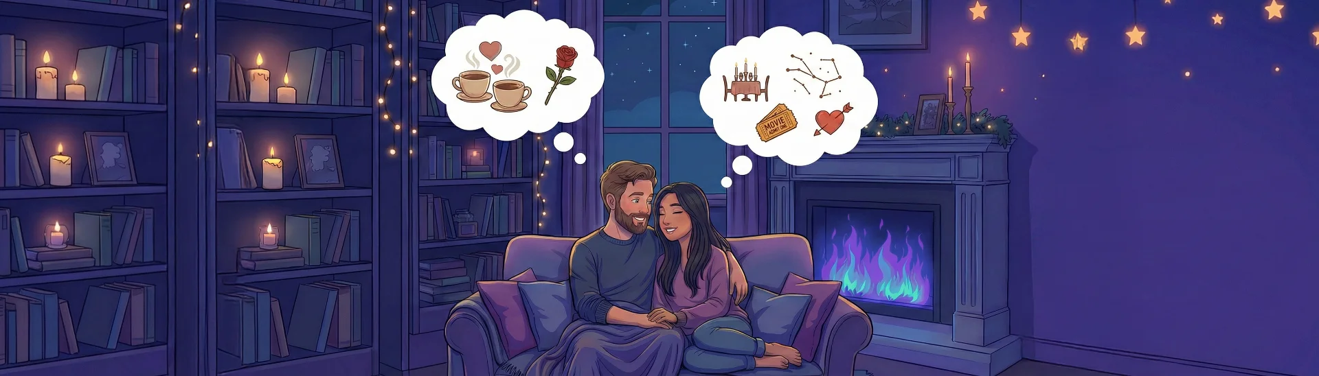 Couple cuddling by the fireplace with romantic thought bubbles about coffee dates and movie nights