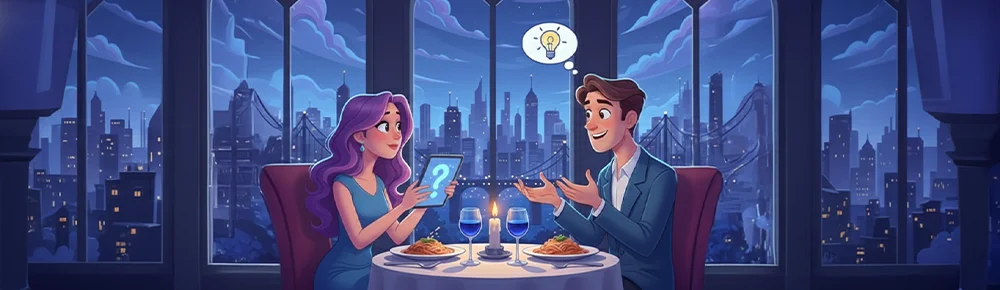 Couple on a first date with thought bubbles - questions to ask a guy