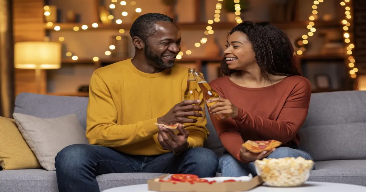 Couple exchanging Valentine's Day care packages